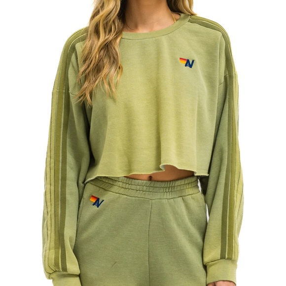Aviator Nation - Classic Stripe Cropped Sweatshirt - NWT- Faded Army - Picture 2 of 3